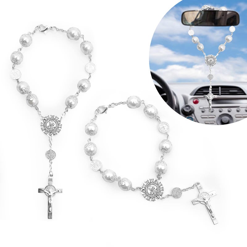 TEMI 2 Pieces Car Mirror Hanging Accessories Car Rosary with Cross Blessing Rosary  Beads Catholic for Woman Men Personalized Rearview Mirror Auto Rosary Hanging Accessories Interior Decors (White) - Image 1